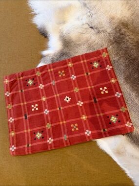 IKEA Red Plaid Accent Pillow Cover with Geometric Motifs